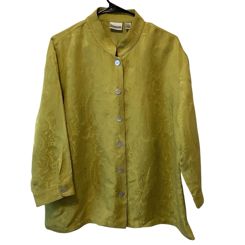 Chico's Women's 2 L Chartreuse Silk Rayon Jacquard Button Front Tunic Blouse